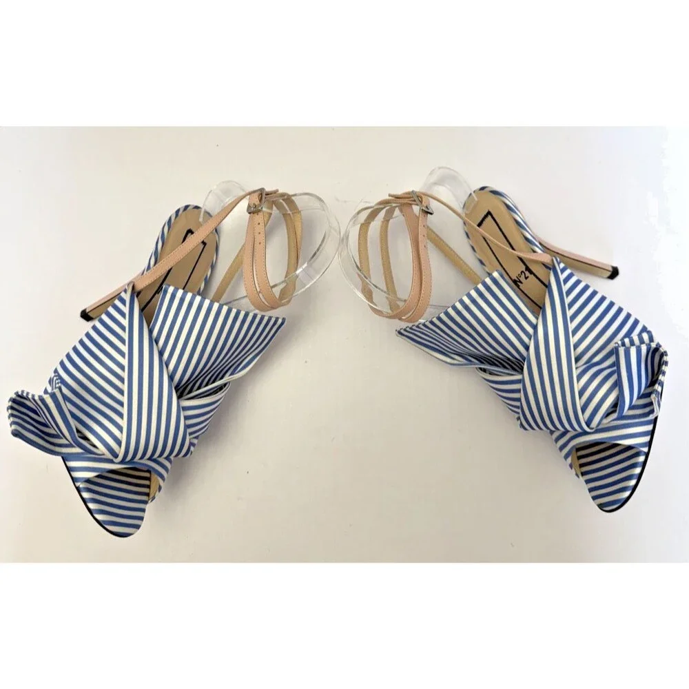 N°21 Tricolor Striped Silk & Leather Knotted Ankle Strap Heels Sandals Sz 38/7.5